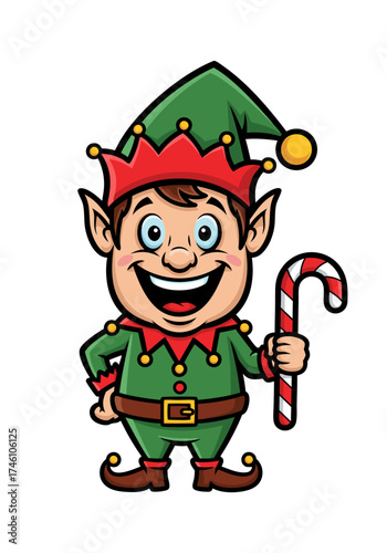 A cute cartoon elf mascot with a cheerful smile, wearing a green outfit and holding a red and white striped candy cane. Vector illustration isolated on white background, perfect for Christmas and