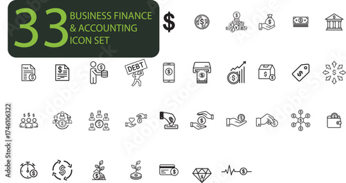 Modern business finance and accounting icon set perfect for websites, presentations, and marketing materials, easy to integrate and customize, scalable design