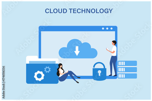 Cloud computing network. Cloud technology, Cloud data transfer and online data storage. Digital cloud storage service vector illustration