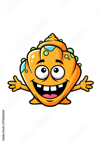 Cheerful orange seashell cartoon character with turquoise accents smiling widely and extending its arms against a clean white backdrop, ideal for illustration or mascot design