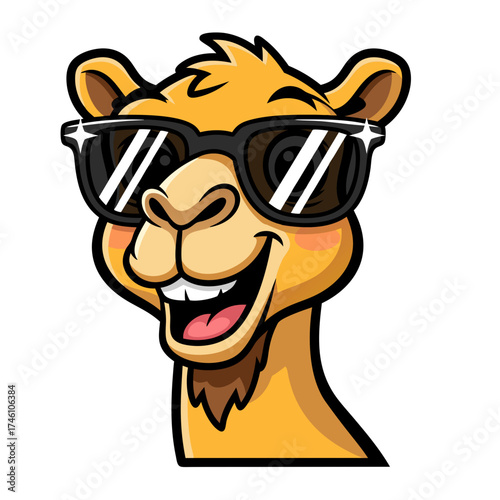 A tan camel head cartoon mascot wearing black sunglasses with a cheerful smile on a white backdrop. This friendly character is designed with cute and comic style in vector illustration