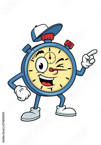 A cheerful cartoon clock mascot stands with a baseball cap and points. Its features include blue outlines, a cream-colored face, and expressive eyes, all set against a clean white background in a
