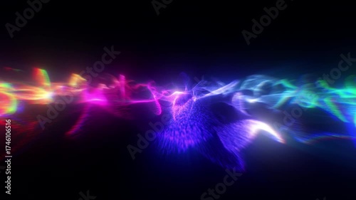 Technology. Big data wave of particles. Futuristic neon glowing surface. Abstract motion background. 4k video. Agentic ai, deep learning, llm concept.