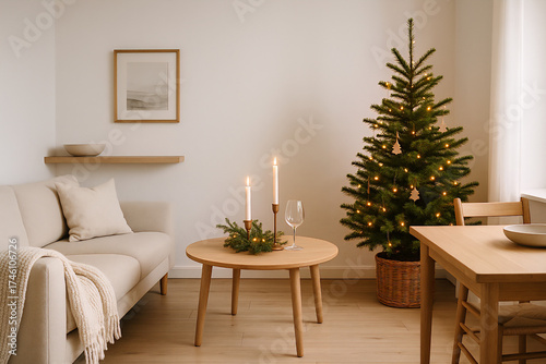 Cozy Scandinavian minimalist living room with white walls, simple wooden furniture, and a small decorated pine tree with warm glowing lights. Perfect for holiday interior design, lifestyle blogs, and 