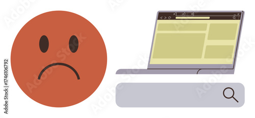 Red sad face next to a laptop screen with a search bar conveying frustration, confusion, or difficulty in finding information online. Ideal for digital problem, tech support, user experience, online