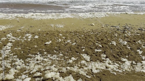 Waves with yellow foam from algal bloom of Karenia mikimotoi, environmental catastrophe along Aldinga Beach, Saint Vincent Gulf, Great Australian Bight, Fleurieu Peninsula, South Australia, Adelaide