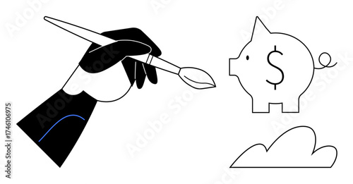 Hand with brush crafting a piggy bank and cloud, symbolizing creativity, financial planning, and innovation. Ideal for finance, art, investment, entrepreneurship, growth savings simple flat