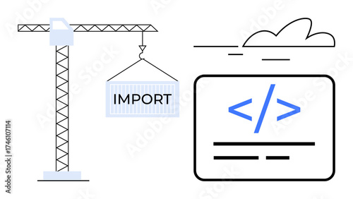 Cargo crane hoisting import container with code symbol and cloud. Ideal for programming, coding, development, design, globalization, trade, and data transfer. A simple flat metaphor