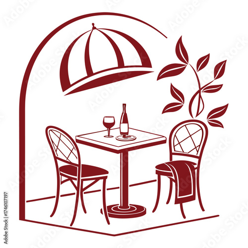 Outdoor cafe table with wine and umbrella