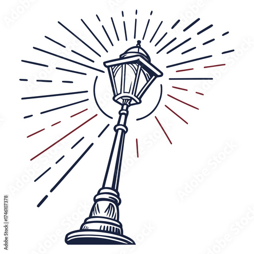 Oldfashioned street lamp with radiating light on