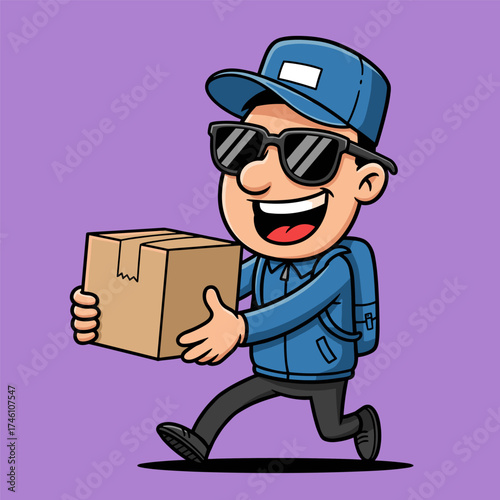 Cartoon delivery person with blue cap and sunglasses smiles while carrying a box, wearing a blue jacket and backpack against a purple background.