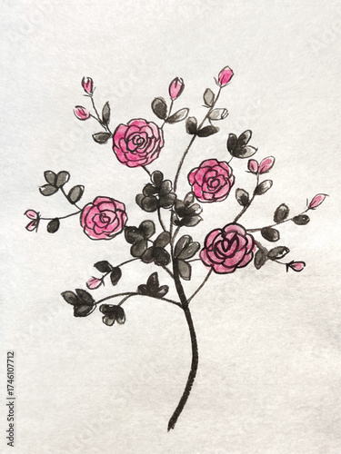 an ink painting on washi paper of a rose-like flower, an imaginary flower drawn in sumi, Japanese-style sumi ink art