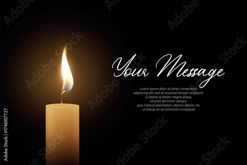Candle Light, Vector Illustration with Burning Flame on Dark Background. Memorial and Sympathy Card Template. Spiritual and Calm Design For Remembrance, Meditation, Condolence and Invitation
