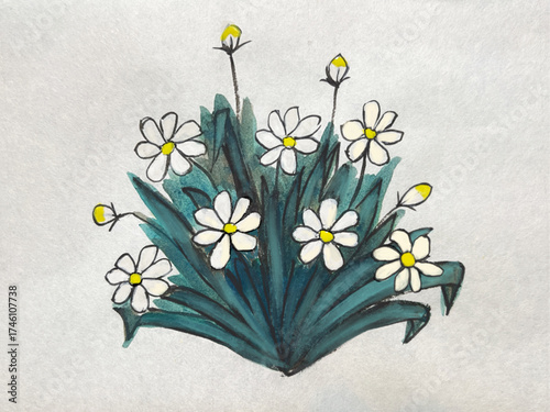 an imaginary white flower painting in ink on washi paper, an ink painting of a fictional flower, Japanese-style sumi ink art