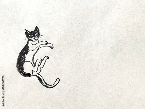 A cat illustration drawn with ink on washi paper, black-and-white kitten, playful cat illustration, hand-drawn cat illustration, Japanese-style sumi ink art