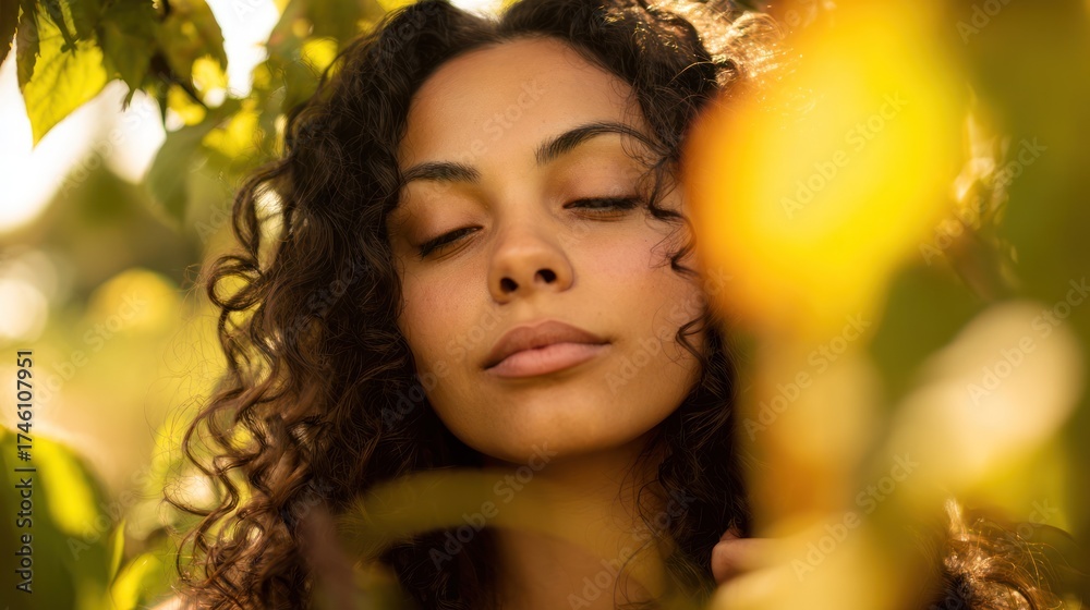 Fototapeta premium A young woman with curly hair and closed eyes is framed by sunlit green foliage