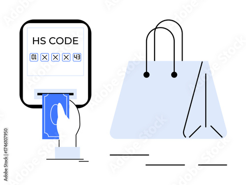 Hand inserting card into machine displaying HS code plus shopping bag symbolizes secure payment, simplified trade, e-commerce. Ideal for trade, global business, shipping, logistics, tax, retail