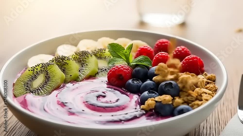 Healthy breakfast yogurt bowl with a colorful assortment of fresh fruit including kiwi, banana, and mixed berries, topped with crunchy granola and nuts