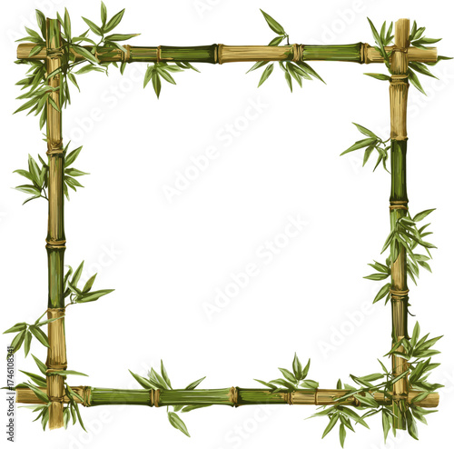 Square frame of bamboo stems and leaves isolated on a white background. Vector illustration for card decoration.