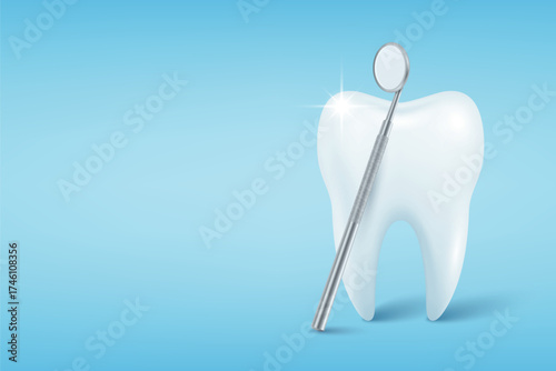 Healthy White Tooth with Dental Mirror Blue Background, Vector Illustration. Dentistry Icon for Dental Care, Oral Hygiene, Stomatology Clinic, Dentist Poster, Medical Health, Treatment Concept