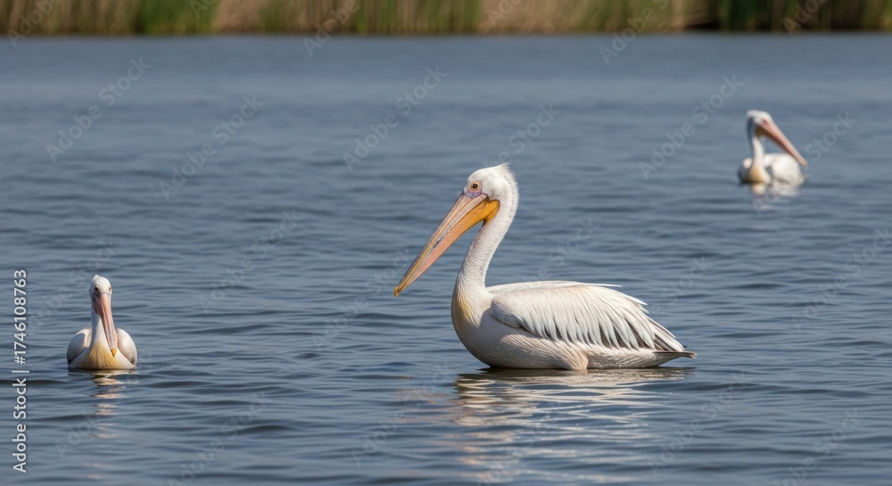 Fototapeta premium Graceful Great White Pelicans Gliding on Serene Blue Water with Blurred Natural Background