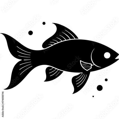 Aquarium fish. Engraving minimalistic vector in black ink drawing on transparent background