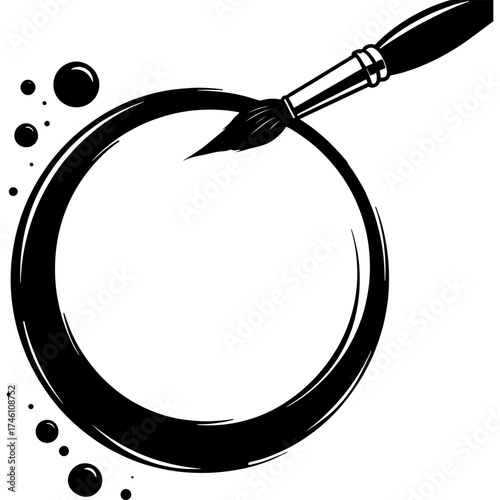 Sketchy emblem of an artist brush draws a circle with black paint. Engraving minimalistic vector in black ink drawing on transparent background