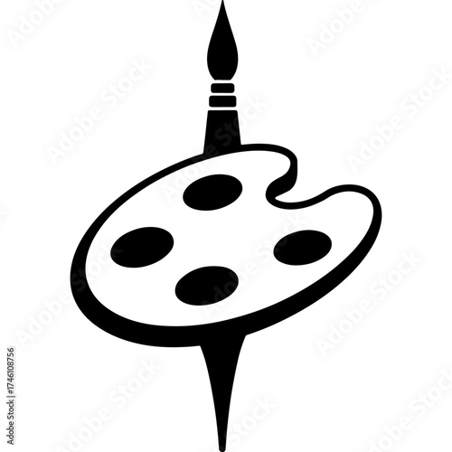 Sketchy emblem of a artist brush and palette. Engraving minimalistic vector in black ink drawing on transparent background