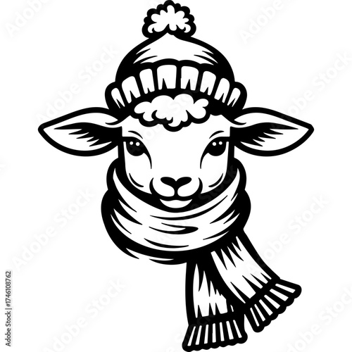 Portrait of lamb dressed in warm scarf and hat, winter clothes. Engraving minimalistic vector in black ink drawing on transparent background