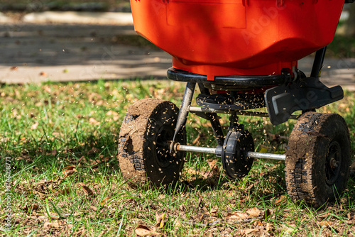 Slika na platnu Lawn Aeration, Soil Plugs, Mulch, Wood Chip Texture, Fertilizer Spreader and Law