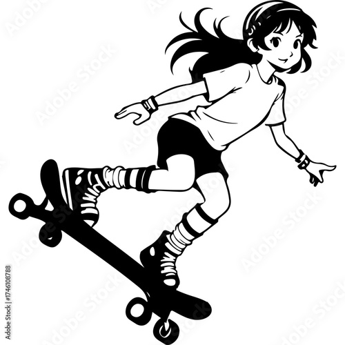 Sketchy sport emblem of female athlete performs a trick on a skateboard. Engraving minimalistic vector in black ink drawing on transparent background