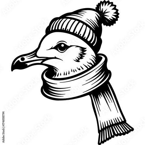 Portrait of cunning seagull dressed in warm scarf and hat, winter clothes. Engraving minimalistic vector in black ink drawing on transparent background