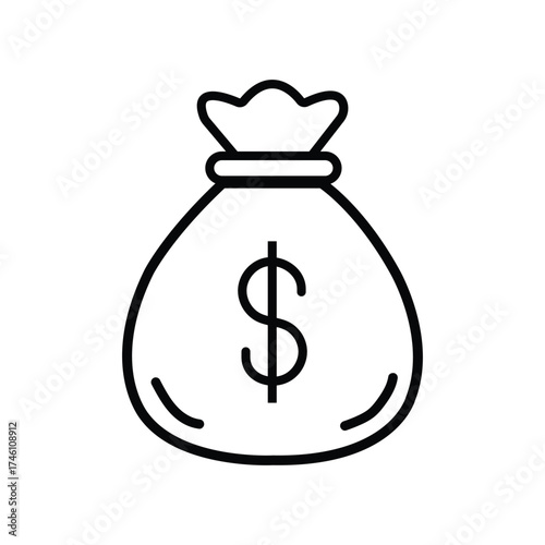 Black line art illustration of money bag with dollar symbol over white background