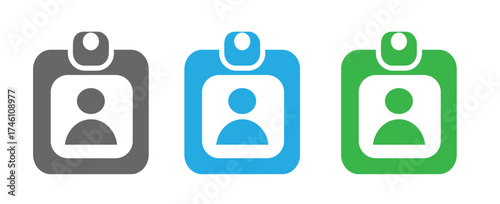 Flat ID Badge Icon Set — Personal Identification and User Profile Vector Symbols in Grey, Blue, and Green
