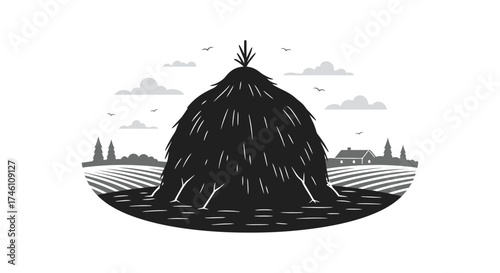 Rustic haystack stacked high in a field under cloudy skies evoking rural life and farming