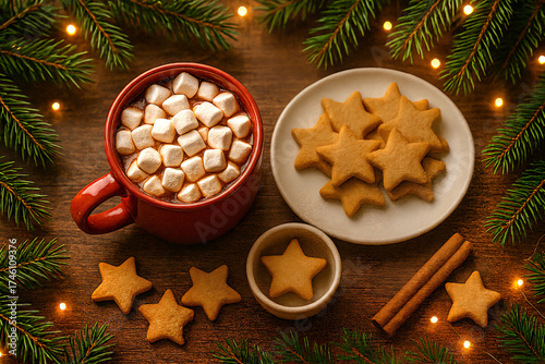 Warm and cozy top view of hot chocolate with marshmallows, star-shaped Christmas cookies, pine branches, and cinnamon sticks on a rustic wooden background.
