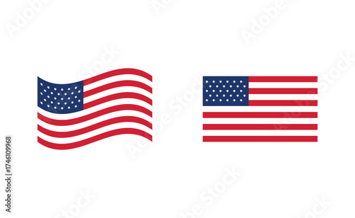 Two united states american flags waving and static patriotic symbols