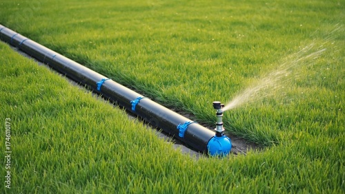 Irrigation sprinkler system waters lush green grass, ensuring efficient water distribution for healthy turf growth and sustainable landscape management in outdoor gardens or agricultural fields.