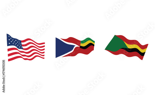 Three waving national flags together symbolizing unity and international relations