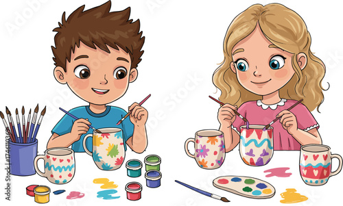 Children painting ceramic mugs, creative art activity, kids crafting together, colorful paint supplies, teamwork in classroom, educational DIY project, smiling faces