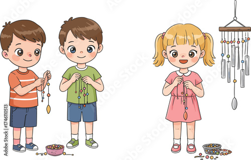 Children crafting wind chimes, DIY bead activity, teamwork, creative learning, classroom project, kids making crafts, educational fun, outdoor art session