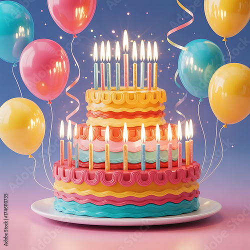Colorful tiered birthday cake with lit candles and balloons