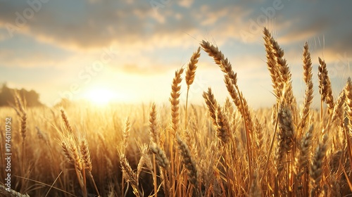 Golden wheat field stretching under a soft sunset, with a clear horizon that leaves ample copy space, capturing the warm, tranquil vibe of rural nature during the late afternoon.