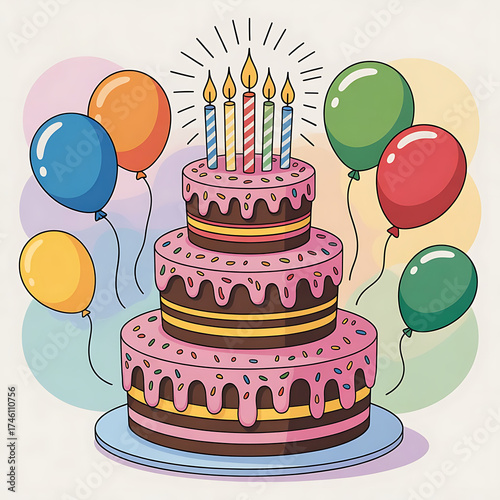 Festive three tier birthday cake with candles and balloons