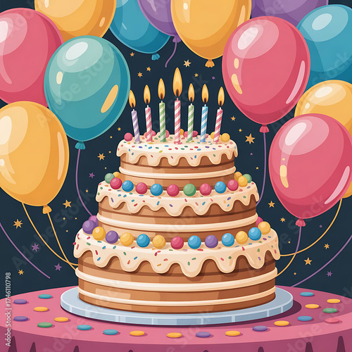 Festive three tier birthday cake with colorful balloons and candles