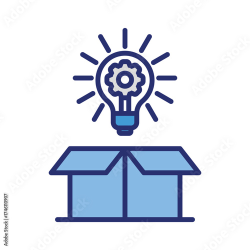 Light bulb in gears coming out of a blue box, representing innovation, creativity, and problem solving solutions. Perfect for technology or engineering designs.