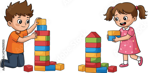 Children playing with colorful building blocks, teamwork, creativity, early learning, preschool activity, STEM toys, motor skills, fun, education, development