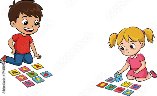Children playing with colorful educational cards, learning through fun, preschool activity, cognitive development, teamwork, memory game, indoor classroom playtime