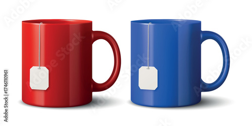 Vector 3D Realistic Red and Blue Ceramic Mug Set. Tea Cups with Blank Tag, Tea Bag Label, Blank Promotional Cup for Branding, Corporate Gift, Advertising, Merchandise, Logo Template, Mockup