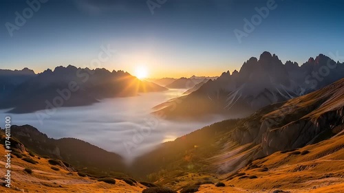 Golden sunrise illuminates a spectacular mountain landscape with a sea of clouds blanketing the tranquil valley below
